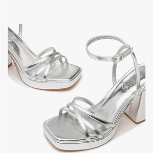 Silver platform strappy heels